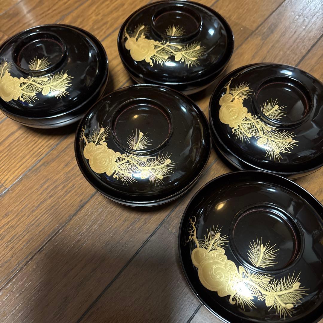 特別出品　アンティーク　蒔絵が素敵な漆器椀五客セット　松と宝珠　お殿様　煮物椀 漆器 朱塗 煮物椀 大正昭和初期 直径12cm アンティーク