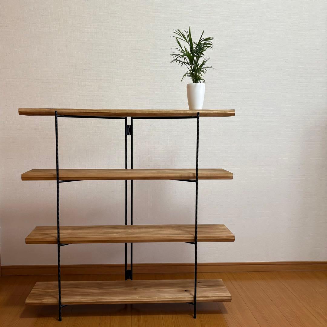 無垢板のオープンシェルフ　折り畳みラック　アイアンラック　什器　棚　幅1000