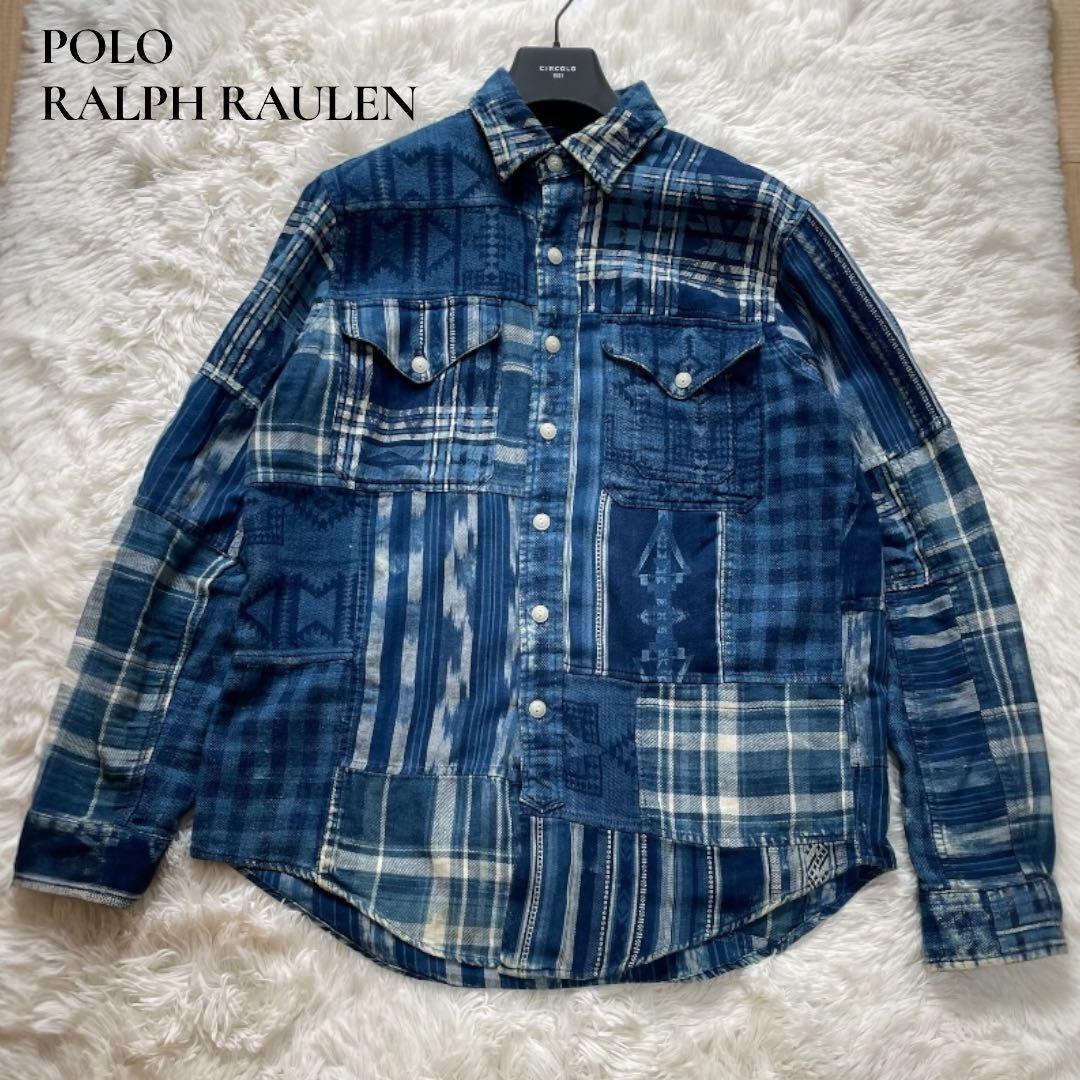 希少 ポロ ラルフローレン パッチワーク シャツ M インディゴ　ブルー 長袖