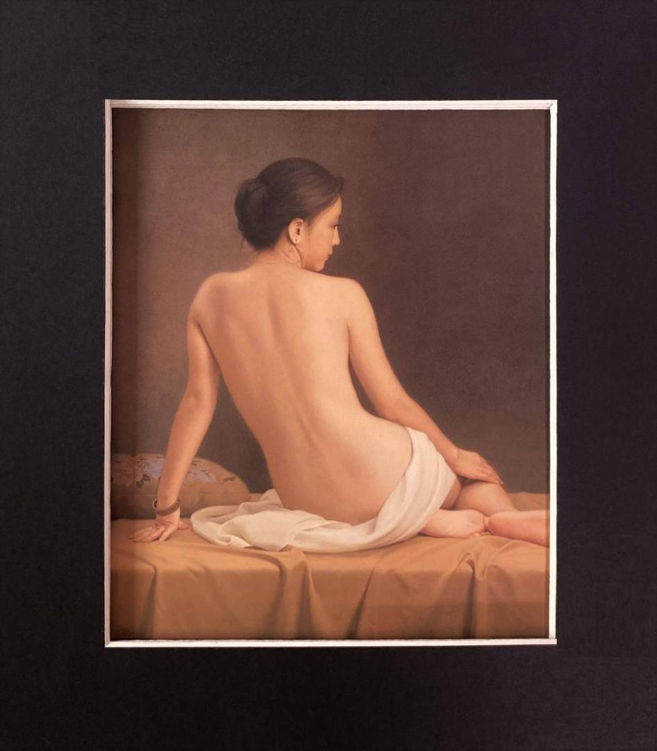 森本草介、【オレンジ布の裸婦】、希少な額装用画集画、新品高級額 額装付