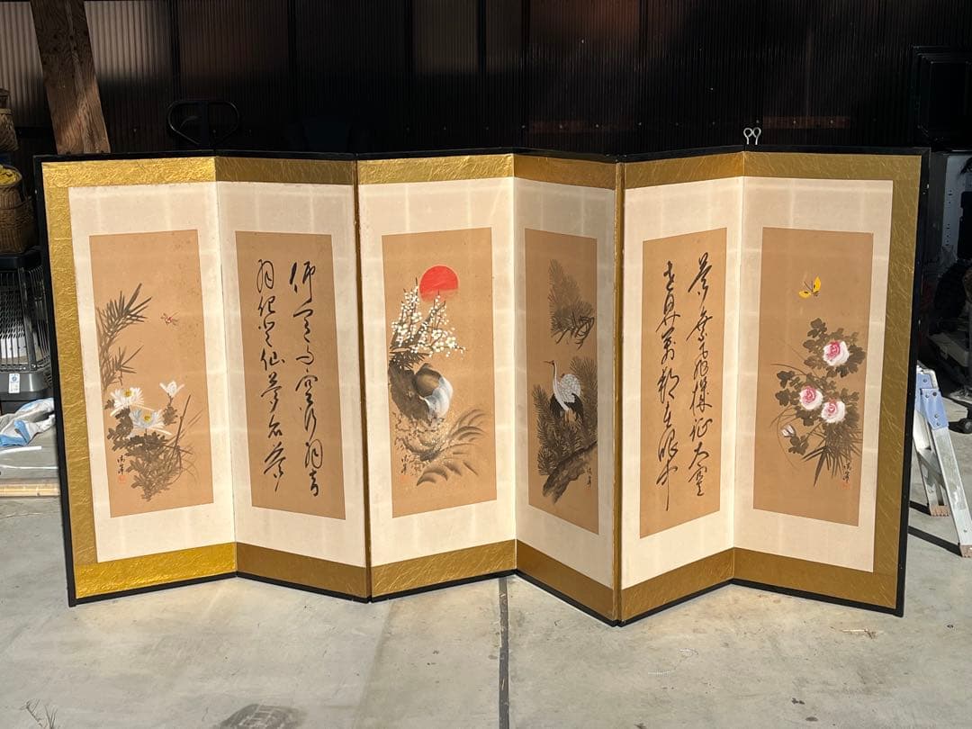 日本画 屏風 花鳥　骨董品 樹花鳥獣図屏風｜作品紹介｜キヤノン 綴プロジェクト｜キヤノングローバル