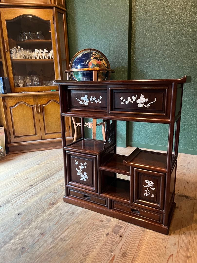 ジョンジョン＊螺鈿 紫檀 茶箪笥 飾り棚 小ぶり 違い棚 和風 昭和レトロ