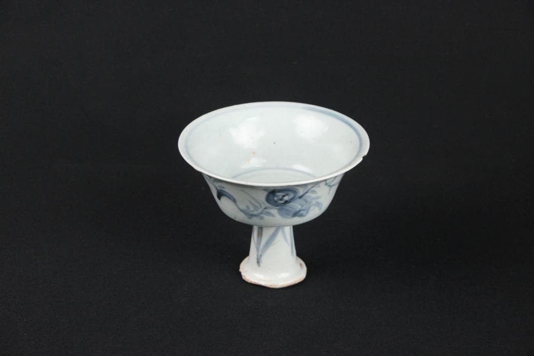 中国美術　清代　青花福字紋高足碗　供器　仏教祭器　花卉蝶文 陶磁 ESM12-7