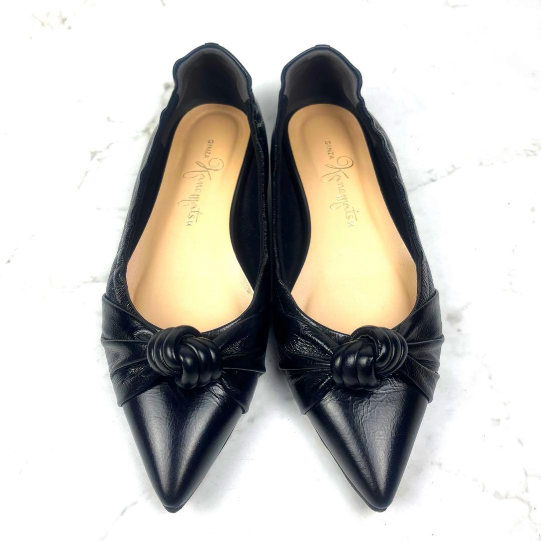 銀座かねまつ】ポインテッドトゥ フラット パンプス リボン ブラック