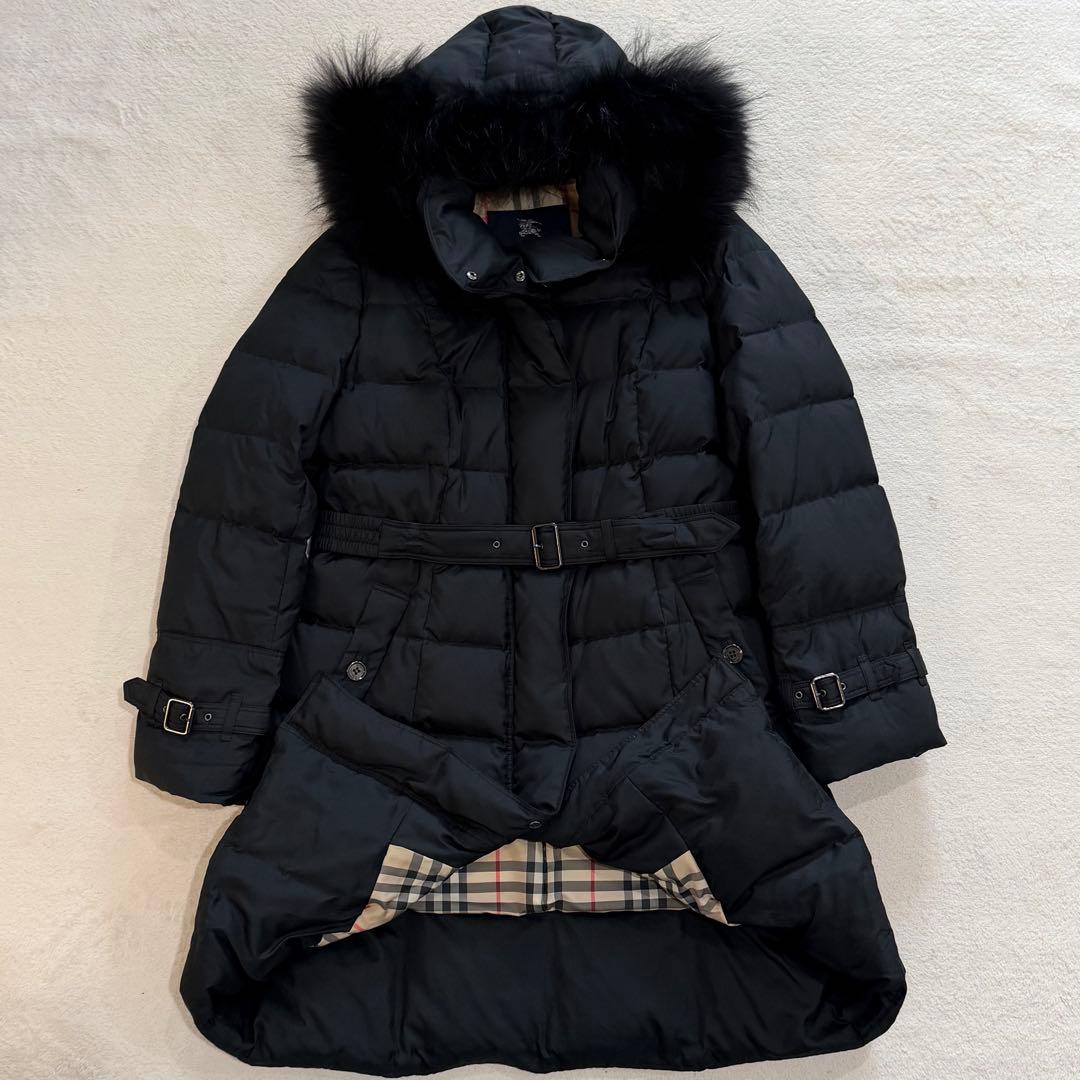 バーバリーロンドン　ダウンコート　ノバチェック ベルト　ファー　ブラック　4L
