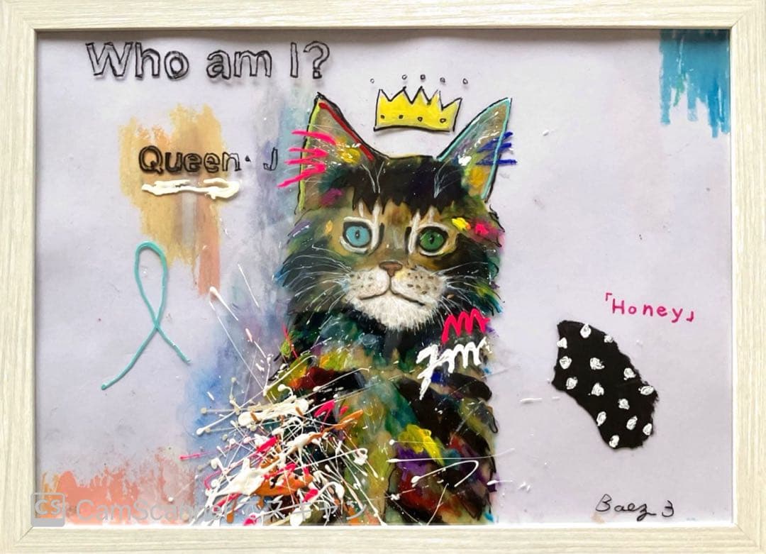 【Queen 】猫　ブルー　イラスト　原画　インテリア　アクリル画　BAEZ3