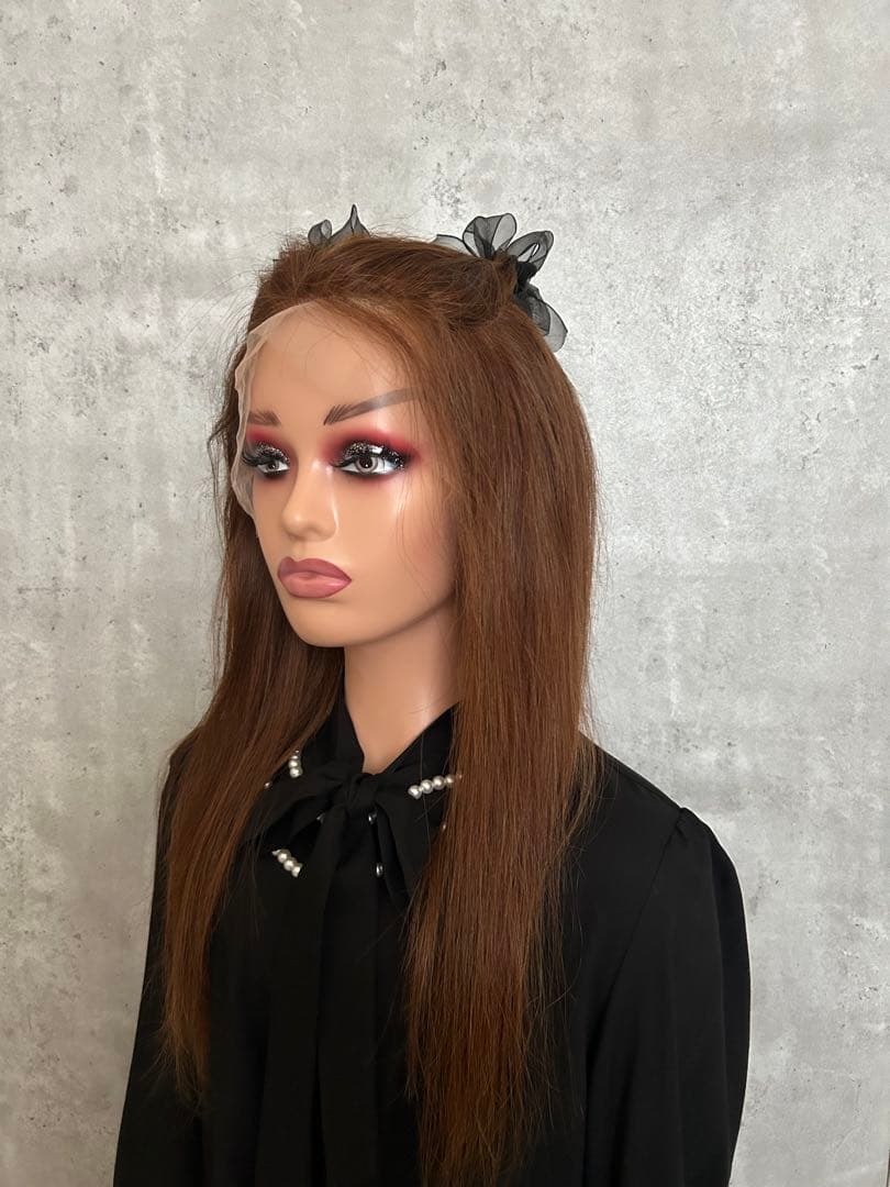 【新品未使用】人毛100％ フロントレース ロング／チョコレートブラウン