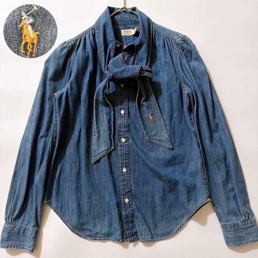 現行QR✨️ポロラルフローレン ボウタイ デニムシャツ ポニー刺繍 M相当