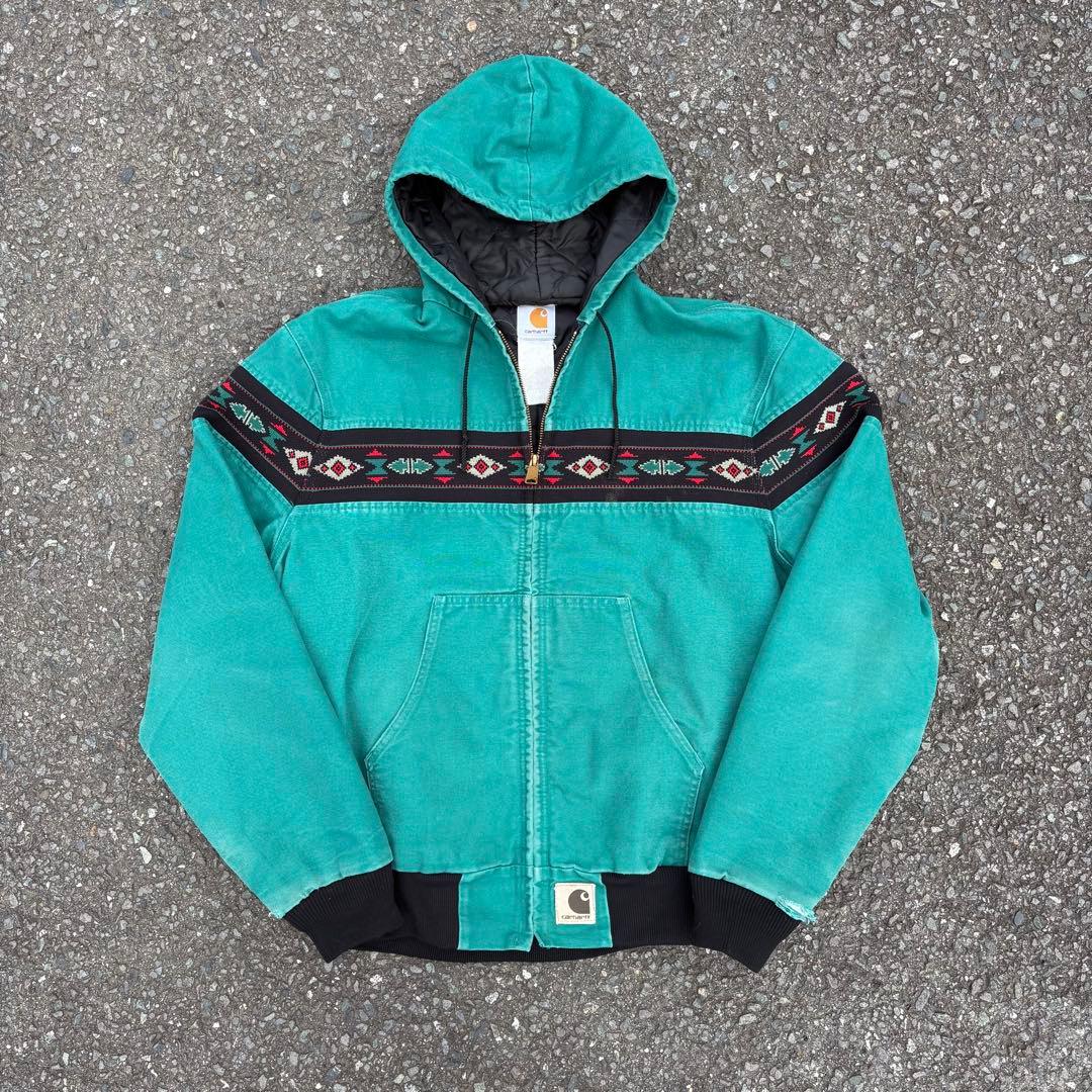 90s USA Carhartt アクティブジャケット　ネイティブ柄　ターコイズ