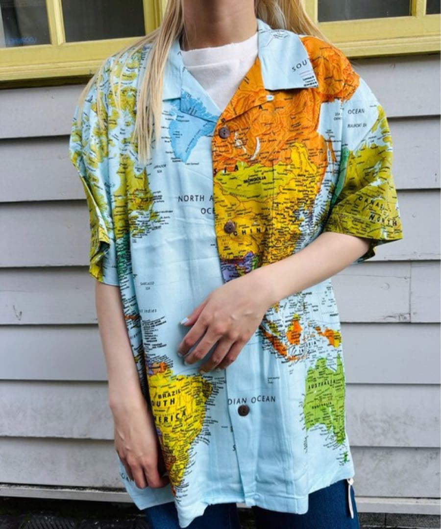 【新品】Houston XLサイズ 世界地図プリントシャツ アロハ