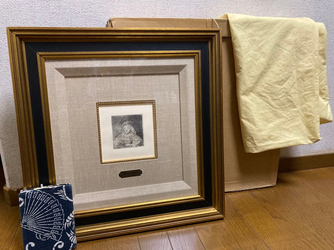 銅版画・エッチング【レンブラント】 「カード遊びをする人」黄袋付き　豪華額装