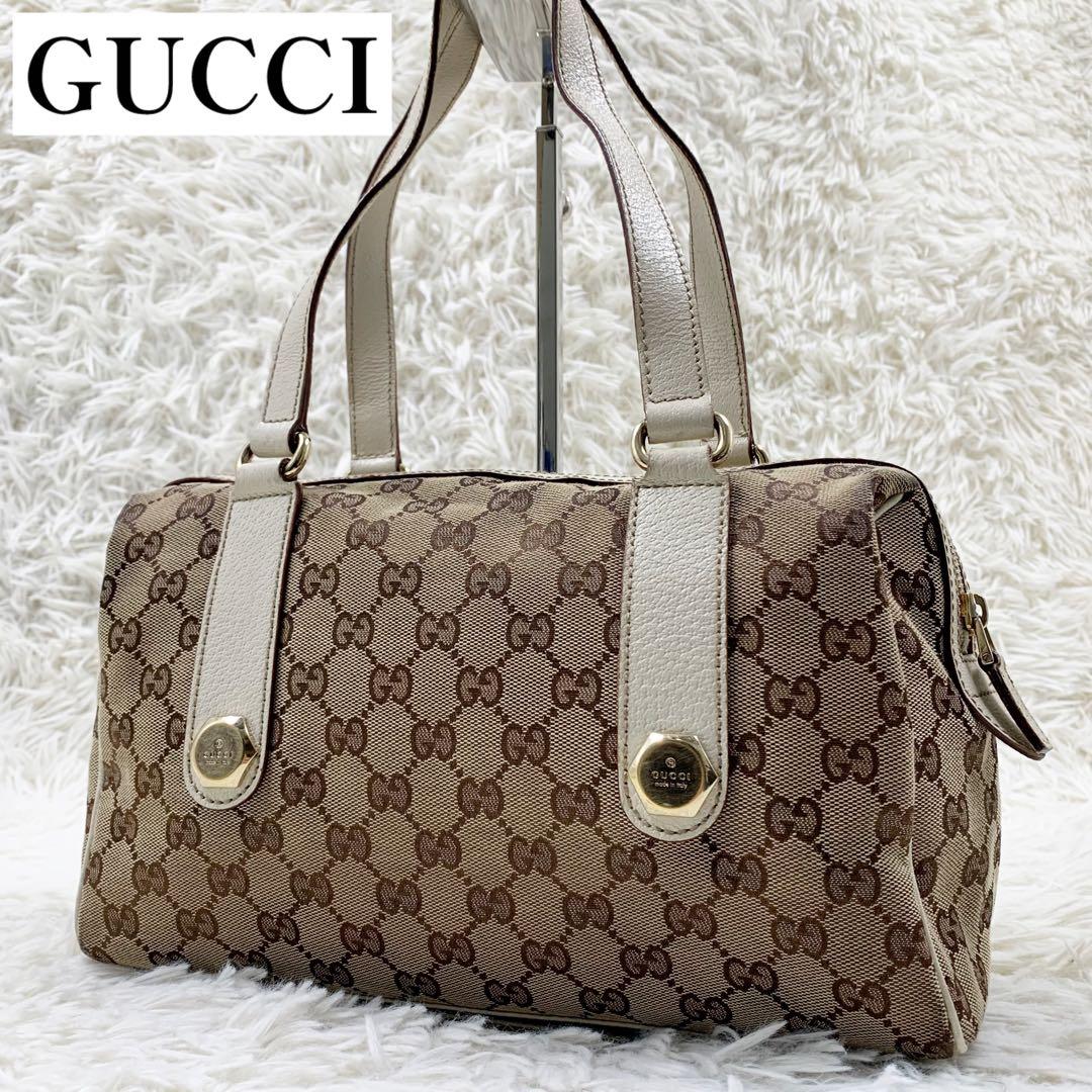 【✨美品✨】グッチ ミニボストンバッグ GGキャンバス レザー ホワイト 保存袋