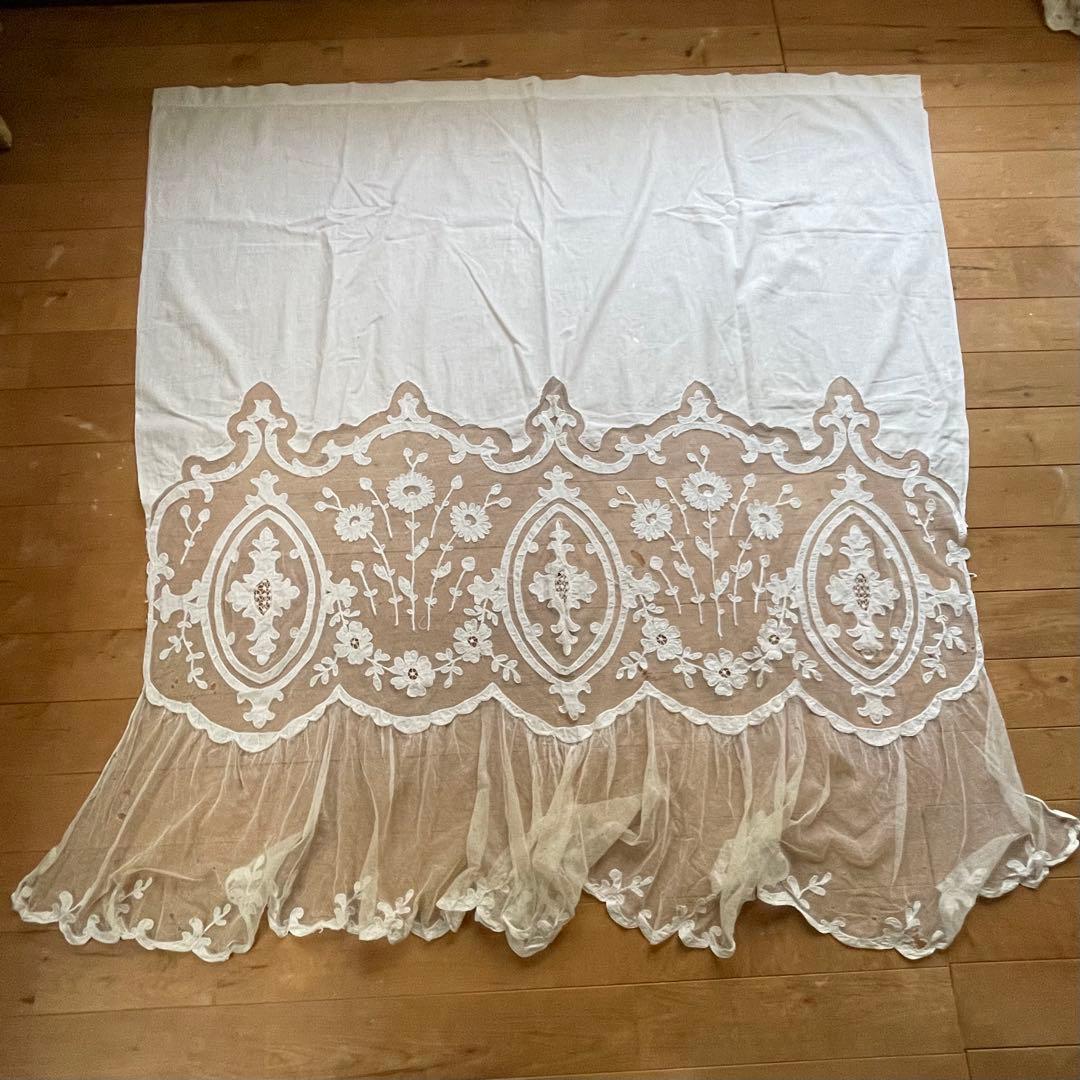 フランスアンティーク　レースカーテン パリ発送】C1190 フランスアンティークレースカーテン ローズ柄ハンド