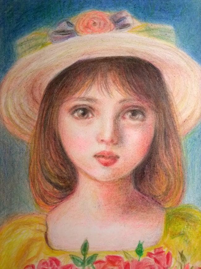 イラスト原画　葵風紗 「バラと女の子」