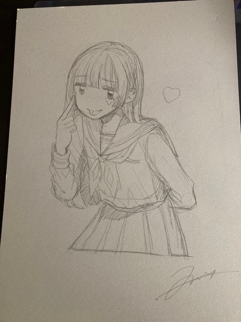 ツヅキエイミ　鉛筆画 女の子 セーラー服 サイン入り