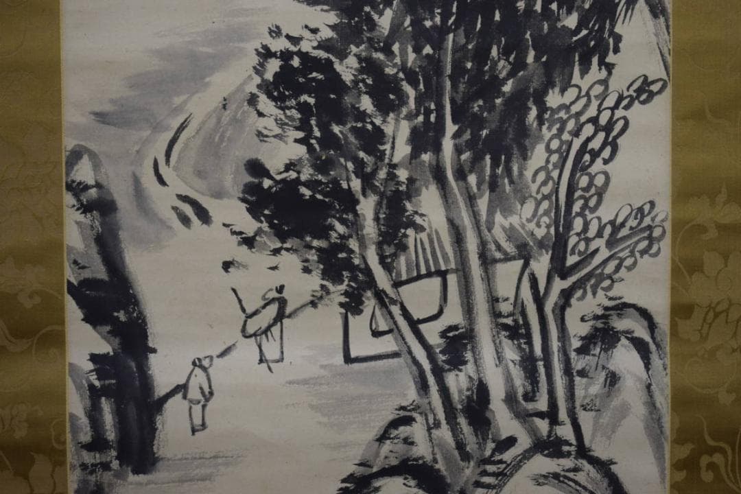 真作/頼支峰/山水人物画賛/絹表装/布袋屋掛軸HH-793