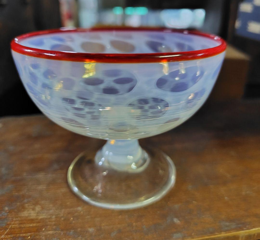 氷コップ 水玉 縁赤 乳白 明治 大正 昭和初期 アンティーク レトロ