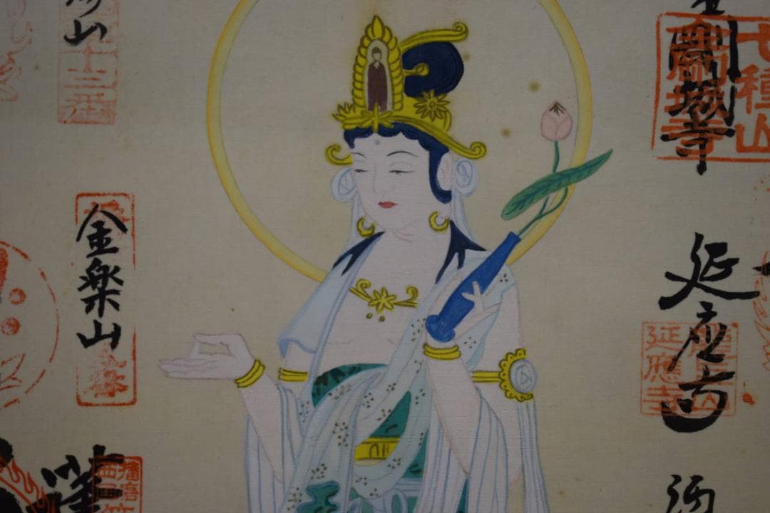 真作/播磨西国三十三箇所/三十三ヶ所霊場集印肉筆掛軸/布袋屋掛軸HE-787