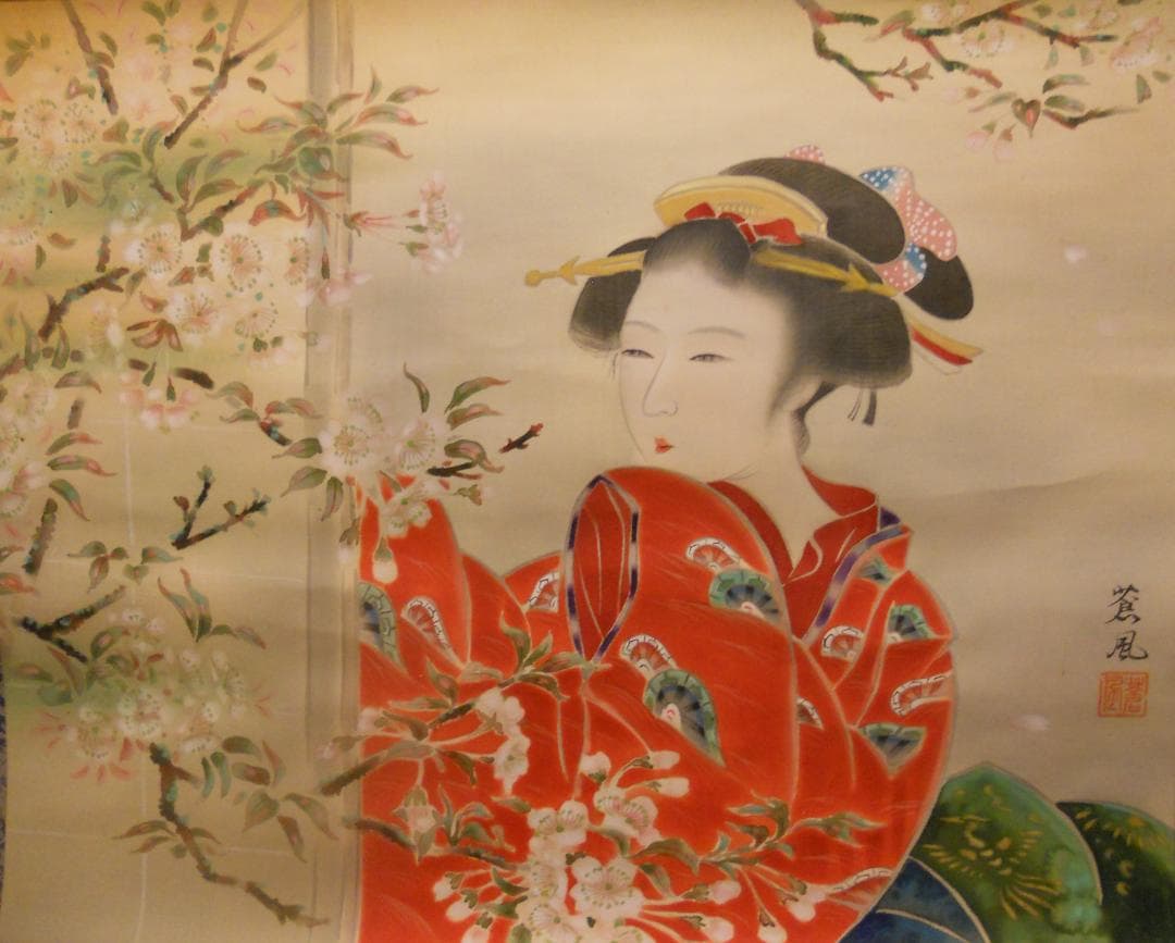 掛け軸 四方山蒼風 作 『 春粧図 』 美人画 絹本 軸装 茶道具 掛軸 美品 山口素絢 秋美人図｜古美術・掛け軸の販売・買取・鑑定-松本松栄堂