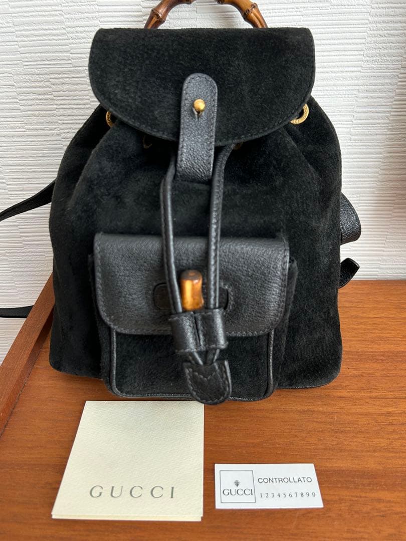 GUCCI グッチ バンブー スエード ミニリュック 黒　内側布張り 中古・古着通販】GUCCI (グッチ) バンブー ミニリュック ブラック