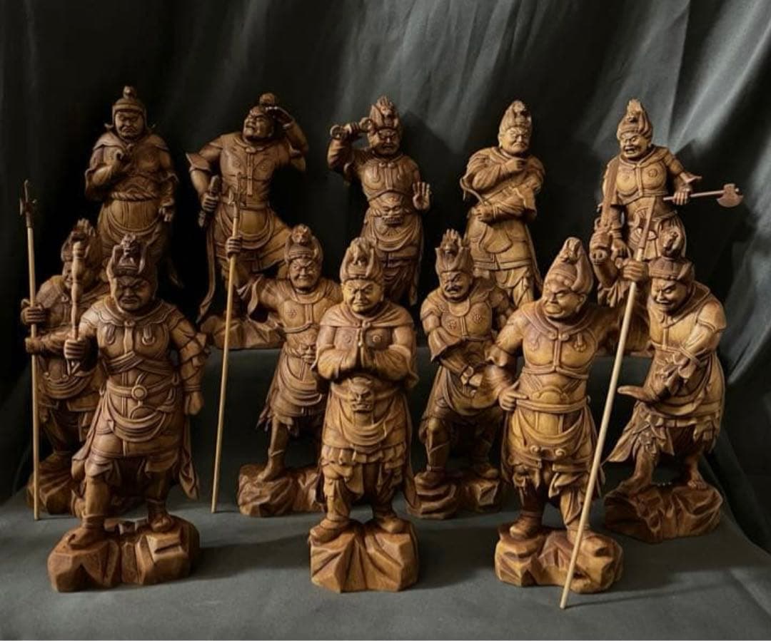 総柘植材 精密細工 古美術 時代木彫 仏教美術 薬師12神将像一式