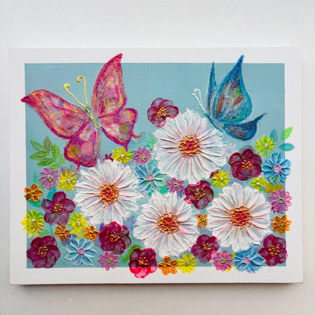 テクスチャーアート アクリル画 現代アート 花の絵 蝶々 原画 開運
