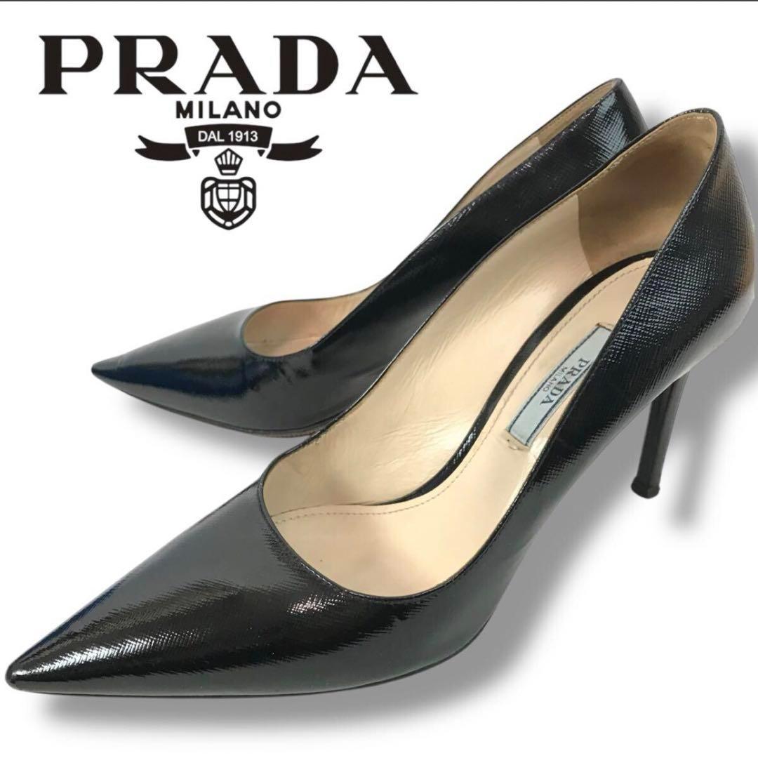 47⭐️25cm 艶やかな黒パンプス》PRADA プラダ ピンヒール ハイヒール