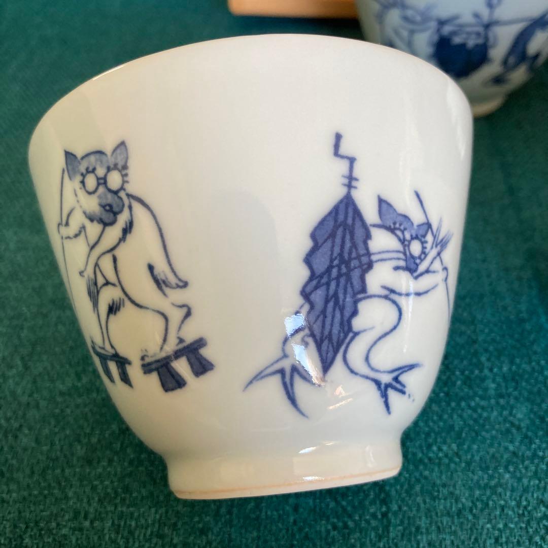 京焼 清水焼 平安吉兆 高山寺 鳥獣戯画倣 汲出 茶碗 湯呑 五客 共箱