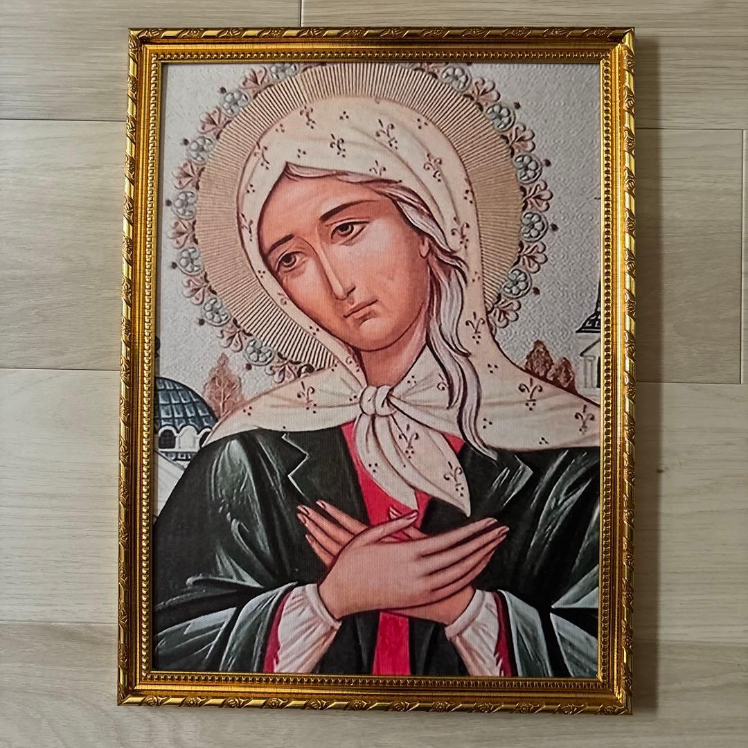 聖母マリア イコン風肖像画 金色フレーム付き、プリント