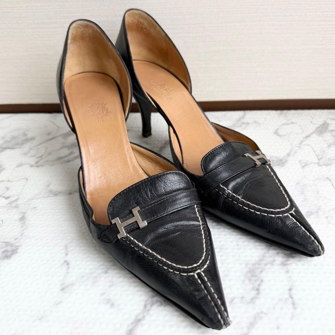 HERMES エルメス パンプス Hロゴ ポインテッドトゥ ヒール ステッチ