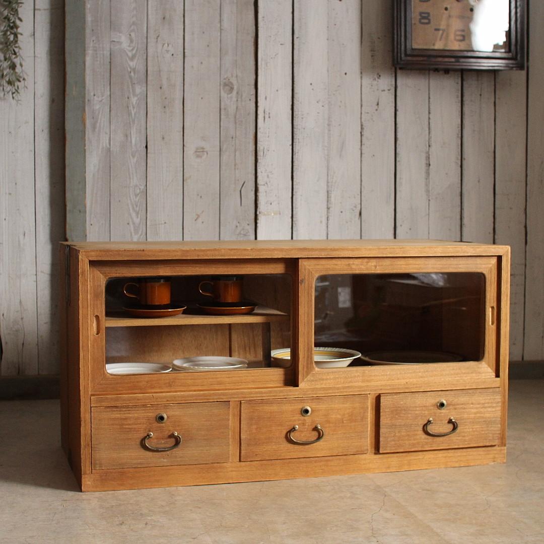 味のある古いガラス戸棚×木製小引き出し3杯　食器棚　収納　古家具　古民家