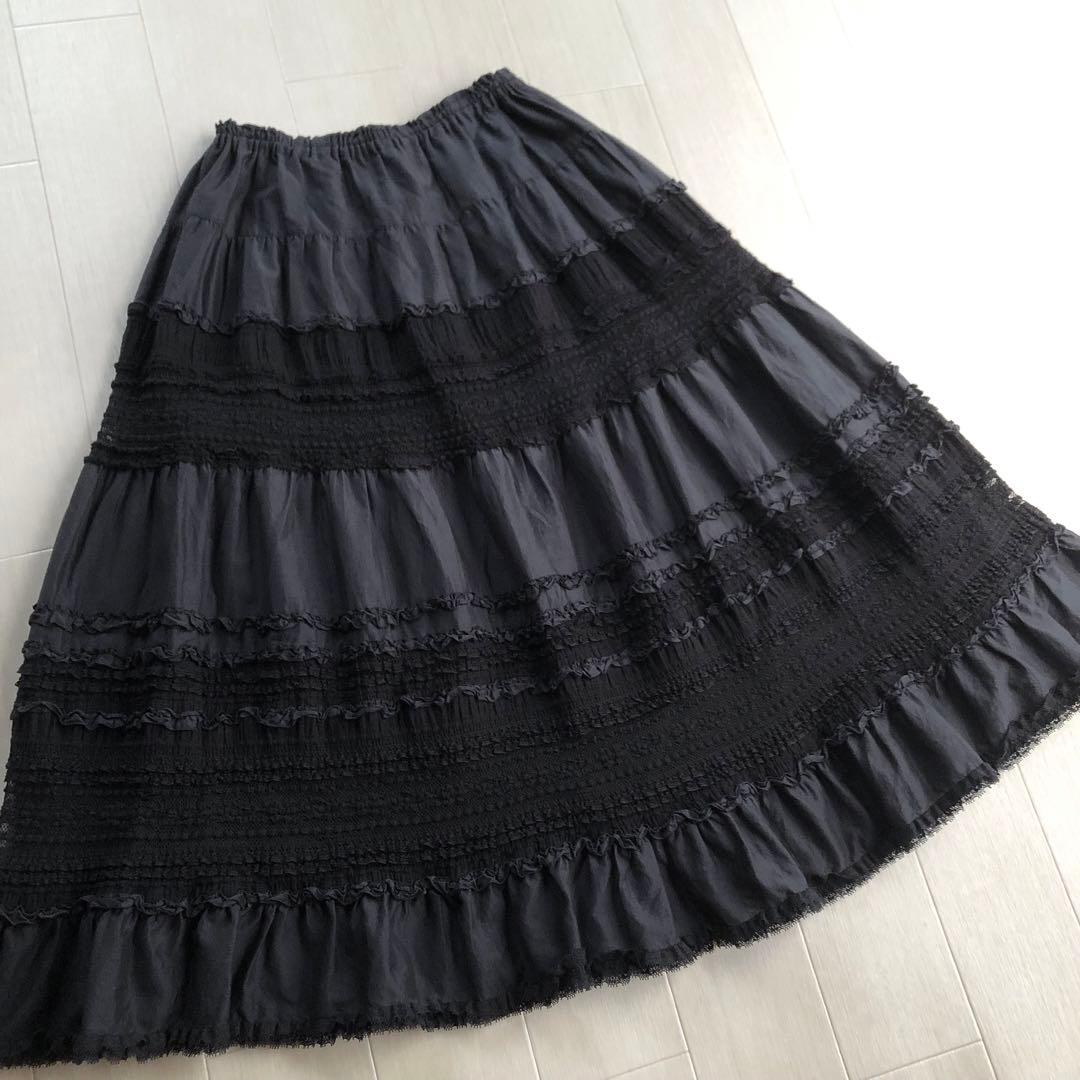 2022年 ピンクハウス レース ピコフリル 黒 ミディ丈 スカート