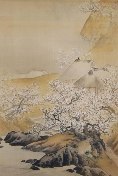 真作/石渓/梅花山村図/布袋屋掛軸HB-133