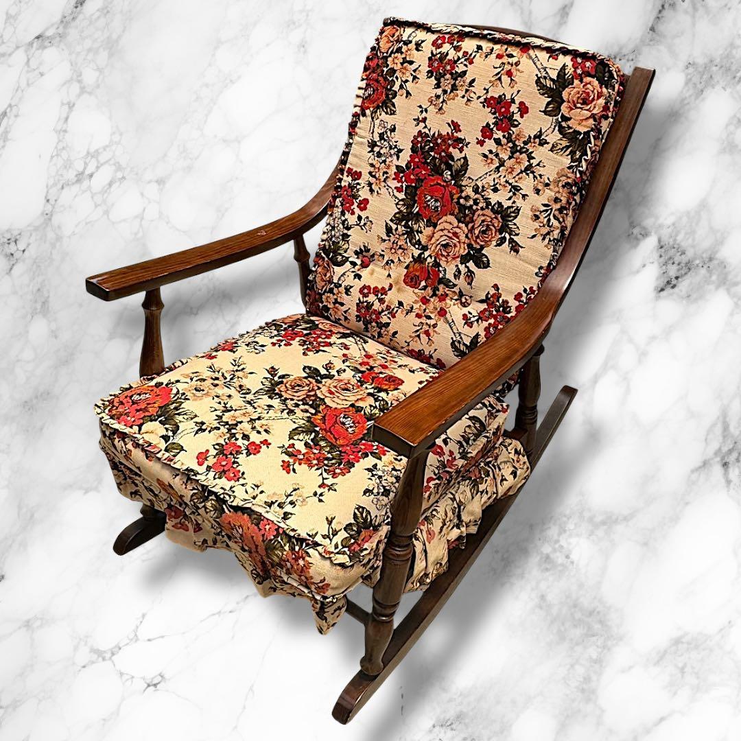 かしわ 木製 ロッキングチェア 花柄クッション付き 座面幅55cm