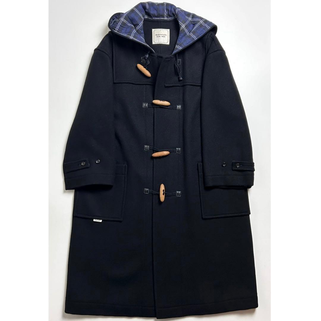 90s【美品】マドモアゼルノンノン/ロングダッフルコート/チェック柄切り替え/黒