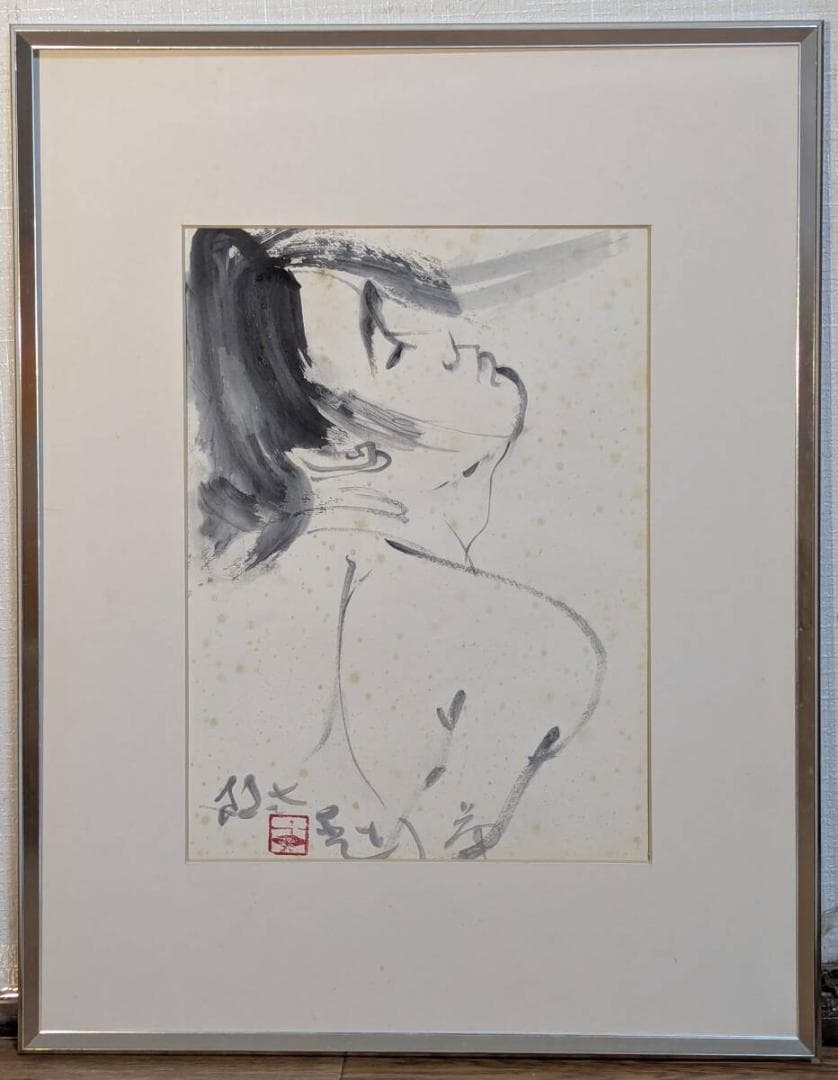 【真作】絵画　水墨画4号　女性横顔図　艶やかな墨彩美人画　和モダンアート　Z47