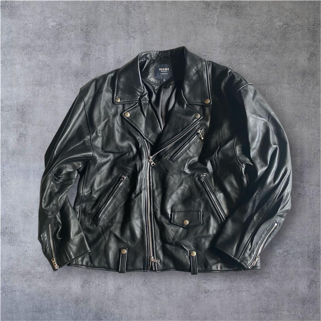 BEAMS HEART 羊革レザーダブルライダースジャケット黒Sビッグシルエット