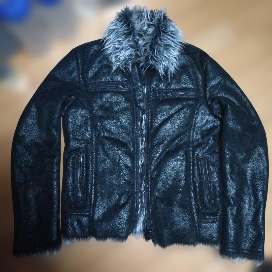 カスタムカルチャー　光沢レザー風フェイクムートンファーライダースジャケット　Ｌ