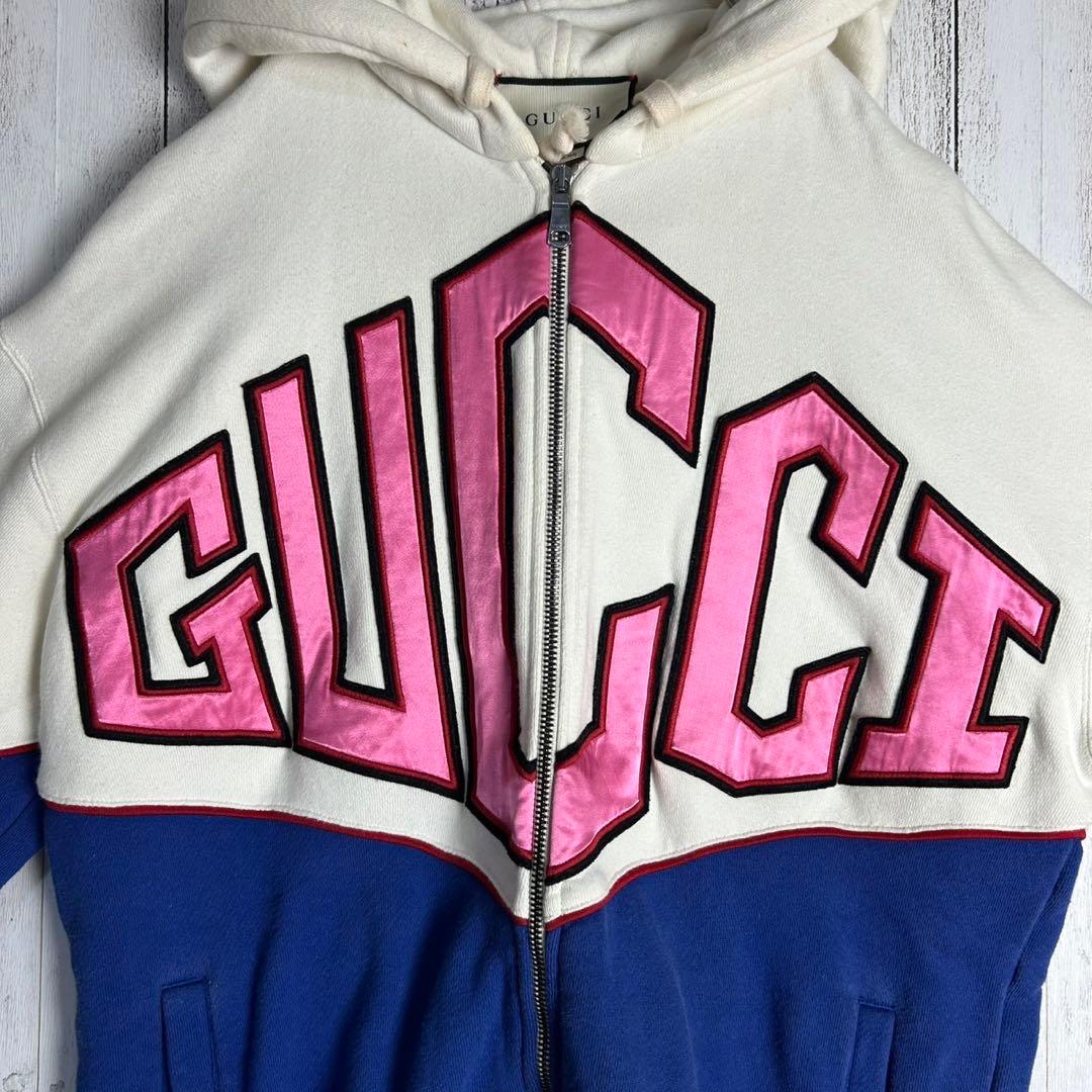 6037【人気デザイン】グッチ‪☆刺繍ロゴ入りバイカラージップパーカー‬