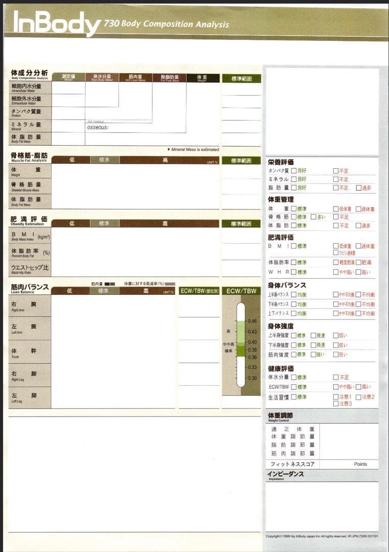 InBody730結果用紙　1000枚〜1200枚