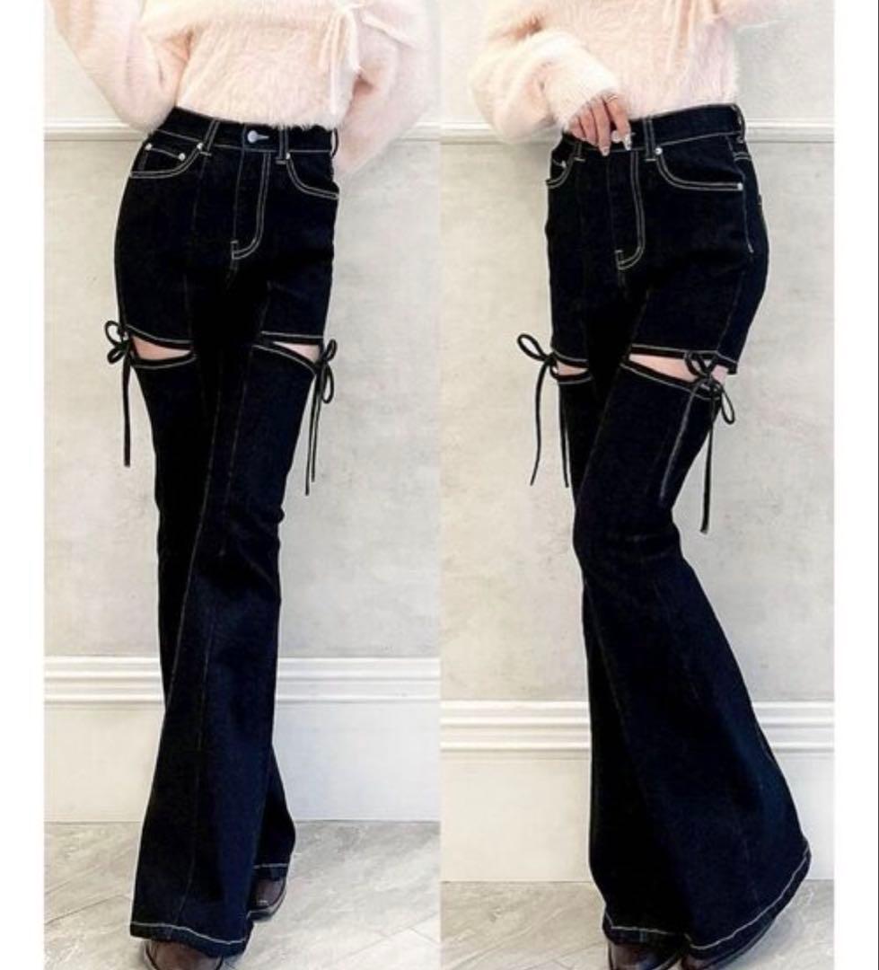 ジーンズ デニムパンツ　カットアウトリボンデニムパンツ ブラック　RESEXXY