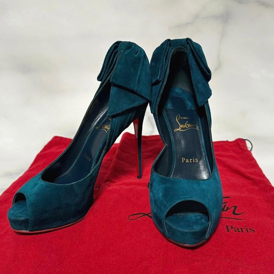 Christian Louboutin スエード リボン オープントゥ パンプス