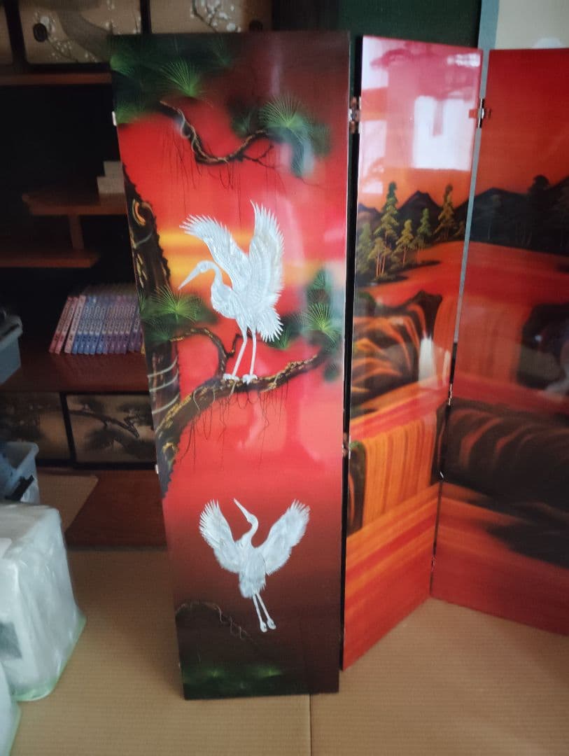 手描き鶴の木製屏風 4つ折り