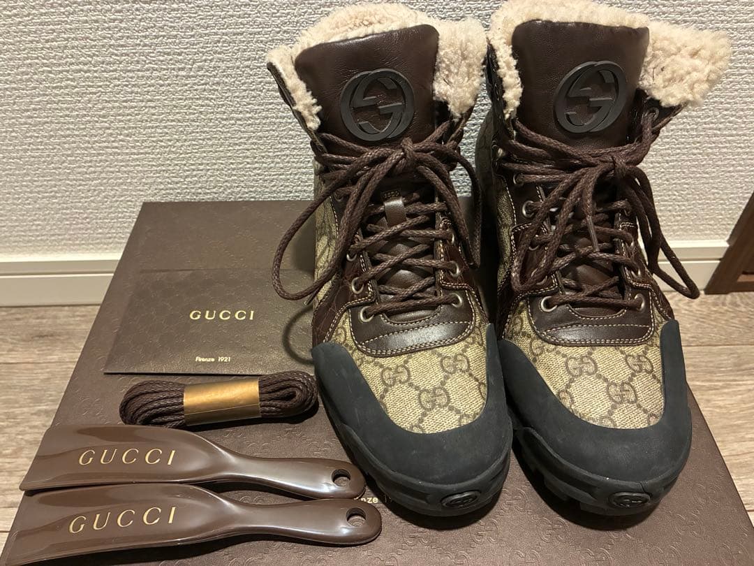 GUCCI ファー付きブーツ 7 Authentic Men's Gucci Green Auckland Interlock GG Logo Furry Boots