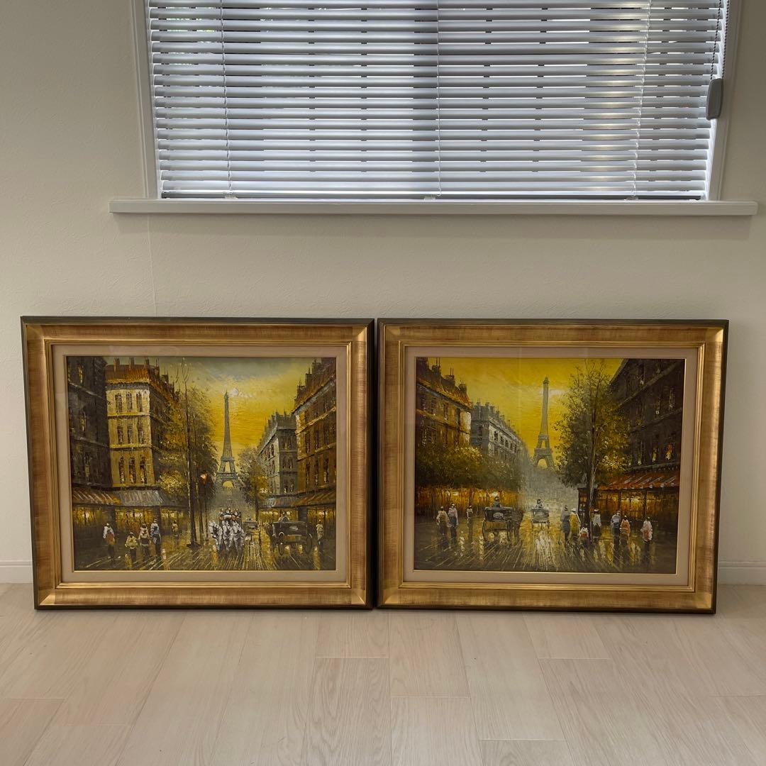 パリの街並み 油彩画 エッフェル塔　2セット