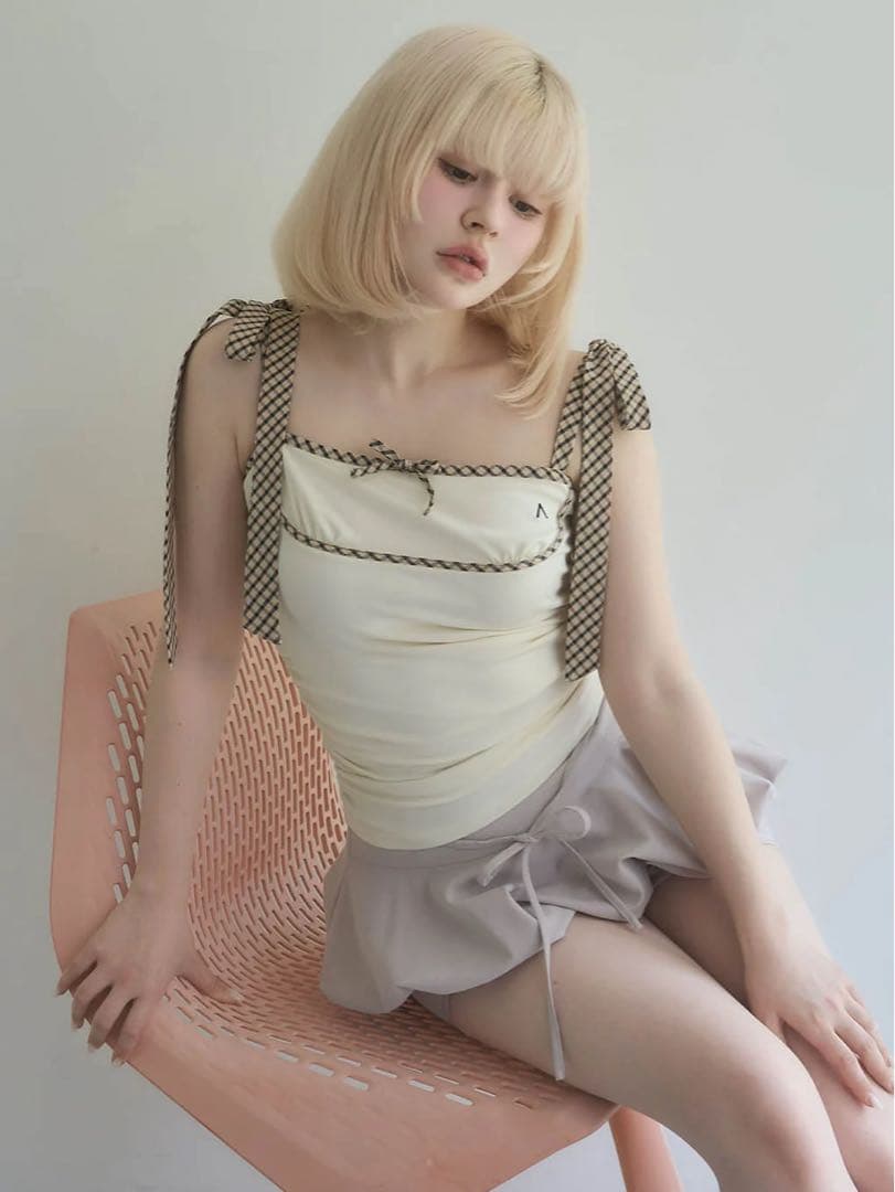 トップス andmary Alice check ribbon tops ivory F