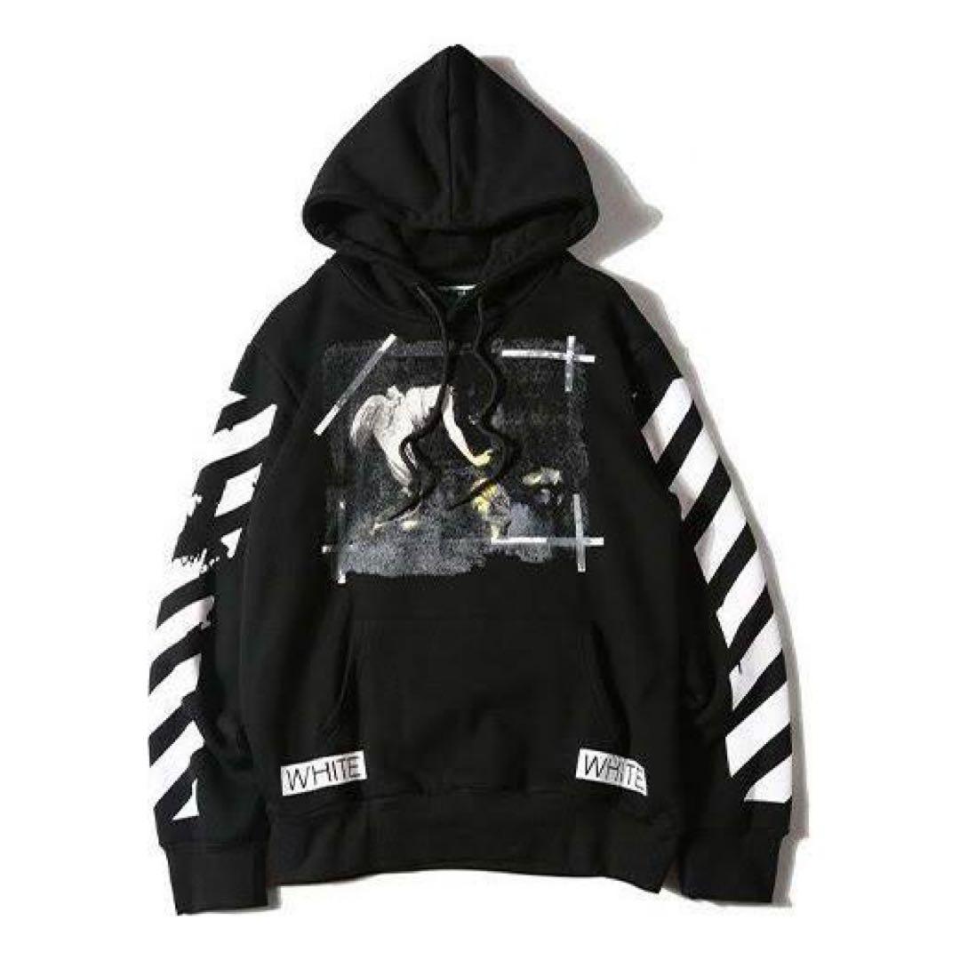 OFF-WHITE フード付きパーカー ブラック - メルカリ
