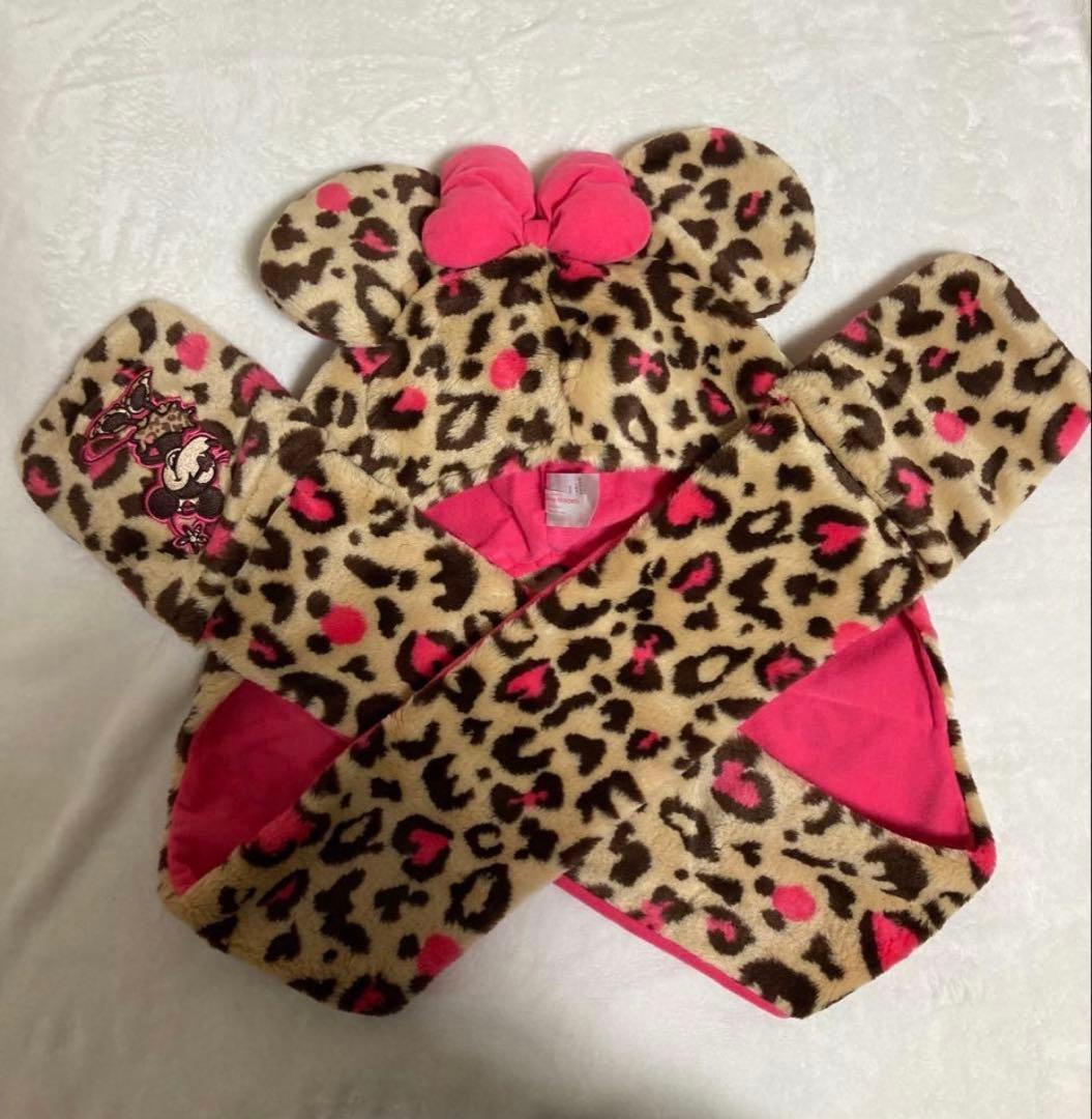 ディズニー ミニーヒョウ柄マフラーキャップ