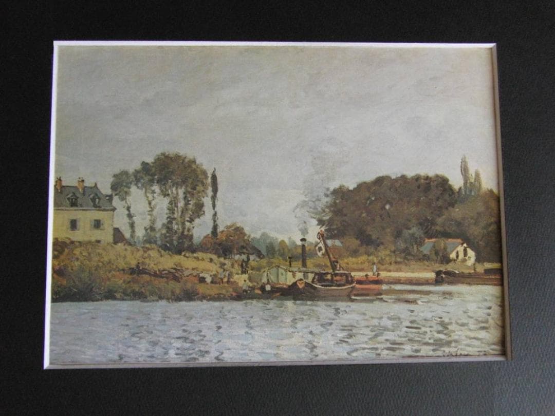 アルフレッド・シスレー、【ブージヴァルの水門と舟】、希少な額装用画集より