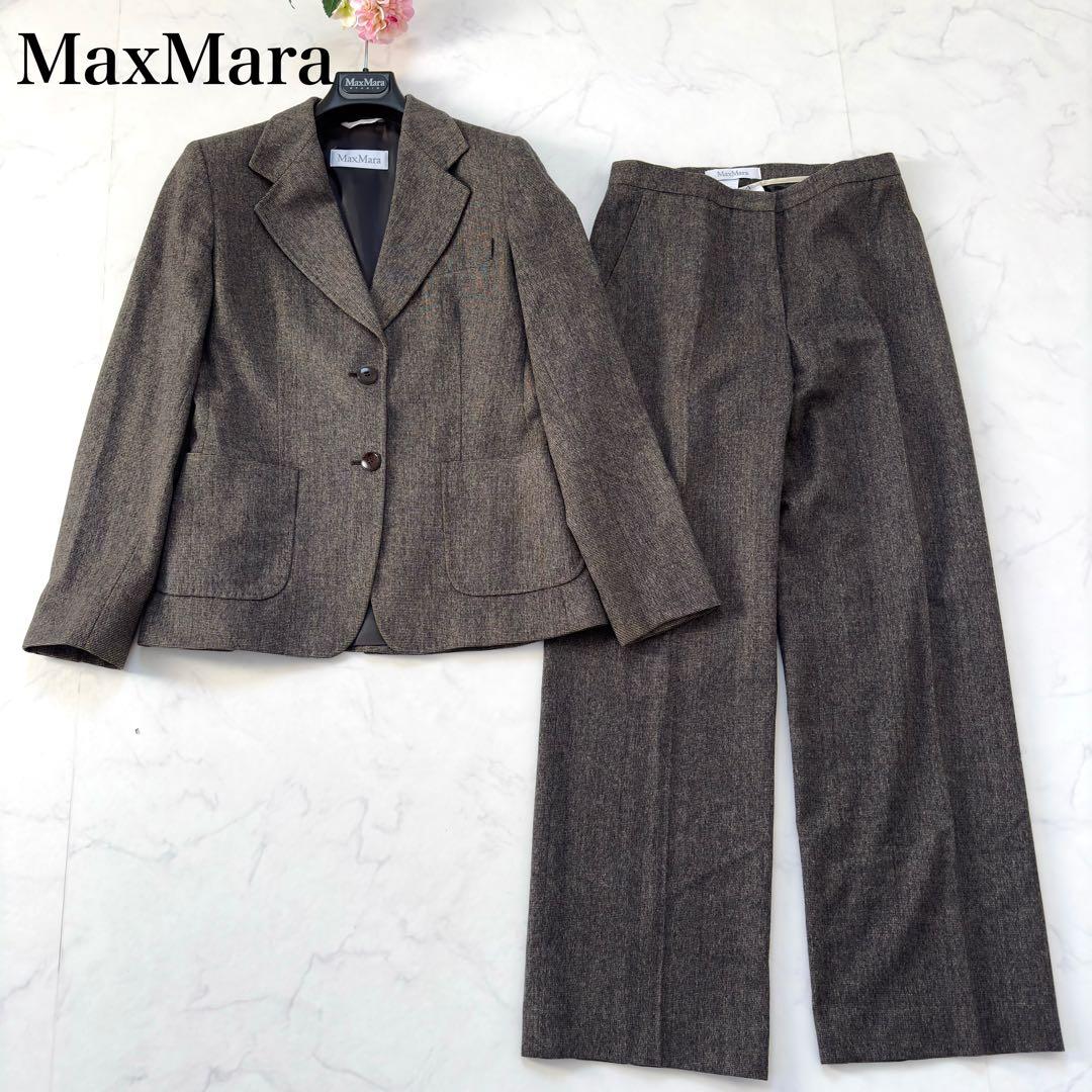 大きいサイズ✨マックスマーラ 【白タグ】パンツスーツ アンゴラ混 42/40 極美品◎マックスマーラ 白タグ キャメル100％ ベルト付 ラップコート